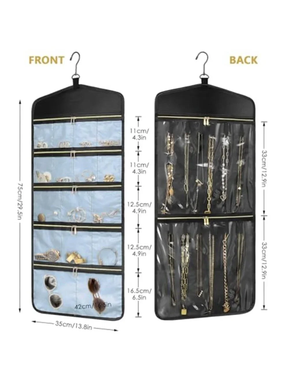 Hanging Jewelry Organizer Double Sided Necklace Earring Storage Bag Zipper
